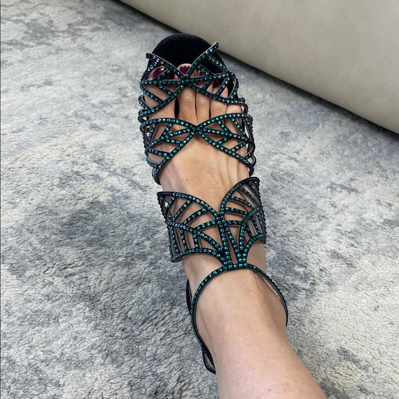 Jimmy Choo Kallai Leaf Sandal Heels Embellished Crystal Designer Sz 40 - Picture 12 of 14